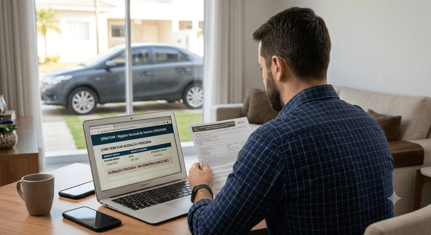 Pessoa consultando documentação de veículo no celular antes de comprar carro usado